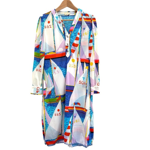 Rare Vintage 70's Ken Scott Hand Printed Sailboat Print MIdi Dress Retro White M - Picture 2 of 15